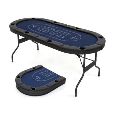 Costway 72 Inch Foldable Poker Table for 8 Players Portable Oval Card Board Game Table-Blue