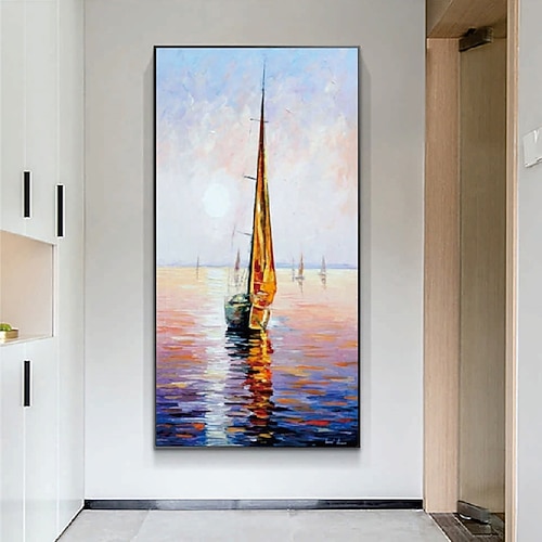 Ölgemälde handgefertigte abstrakte Segelboot-Kunst auf Leinwand, handgefertigtes nautisches Ölgemälde auf Leinwand, große Segelschiff-Gemälde, Wandkunst, modernes Seestück-Gemälde für Schlafzimmer, Image