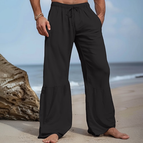 Herren Weite Hosenbeine Leinenhosen Hose Sommerhose Kordelzug Patchwork Elastischer Bund Einfach Komfort Atmungsaktiv Volle Länge Lässig Täglich Ferien Urlaub Mode Schwarz Weiß Image