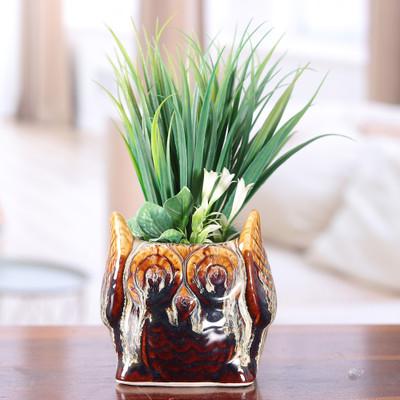 Mystic Owl,'Owl-Shaped Ceramic Flower Pot in Brown Hues'