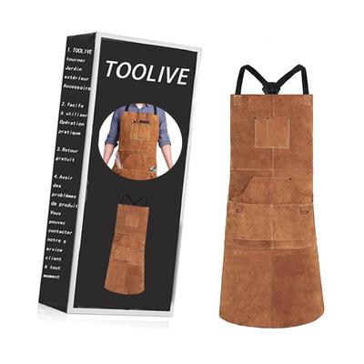Schweißerschürze aus Leder,Hitzebeständige & Flammhemmende Schwere Arbeitsschürze mit 6 Taschen, Image