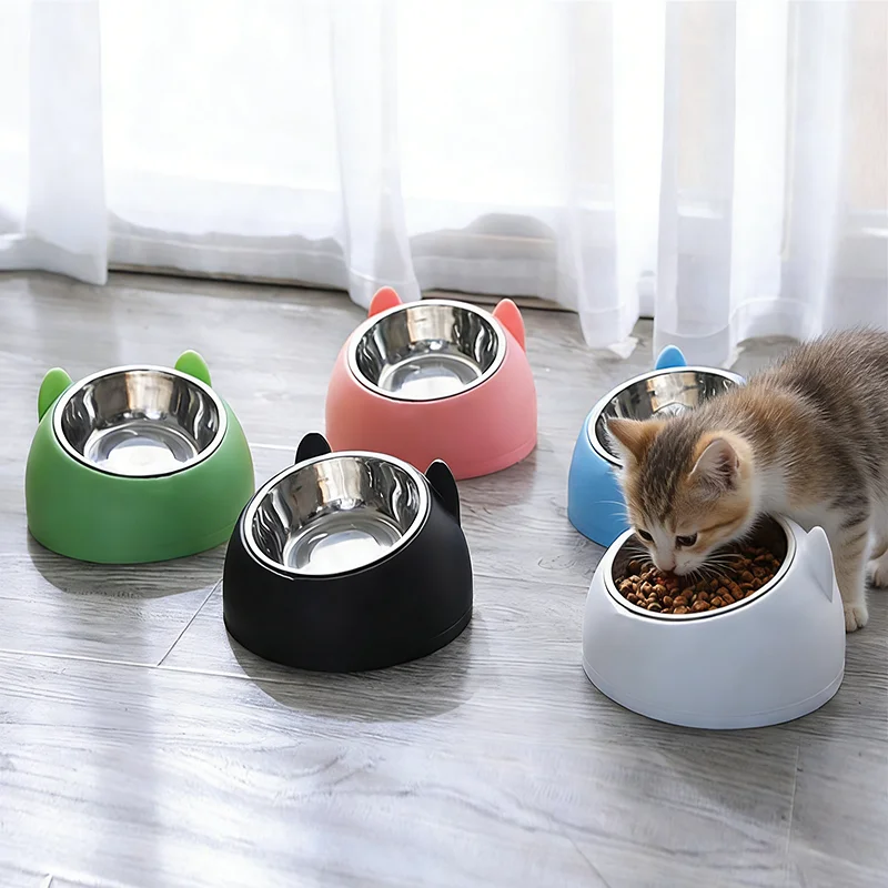 Edelstahl-Katzenschalen, rutschfeste Basis, Haustiere, Welpen, Katzen, Essen, Trinken, Wasser, Futterspender, Nackenschutz, Schüssel, Haustierschüssel, 200 ml, 15 Grad geneigt Image