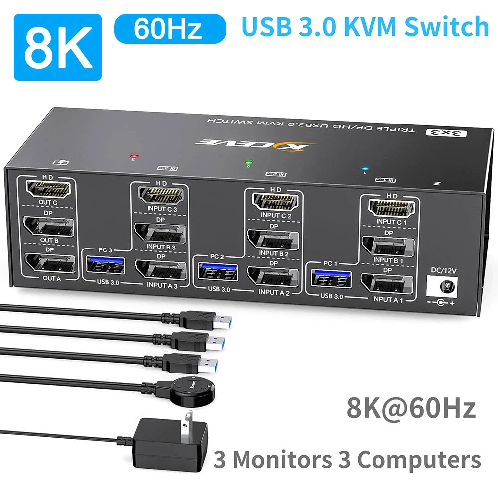 Switch KVM 3 computer 3 monitor HD-MI+ DisplayPort USB 3.0 Switcher KVM 8K@60Hz/4k@144Hz Triplo monitor DP KVM per 3 PC