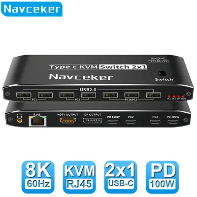Navceker 2x1 8k thunderbolt 4 usb c kvm schalter rj45 144 w pd ladung 4k hz typ c kvm schalter umschalter für 2 computer 1 monitor