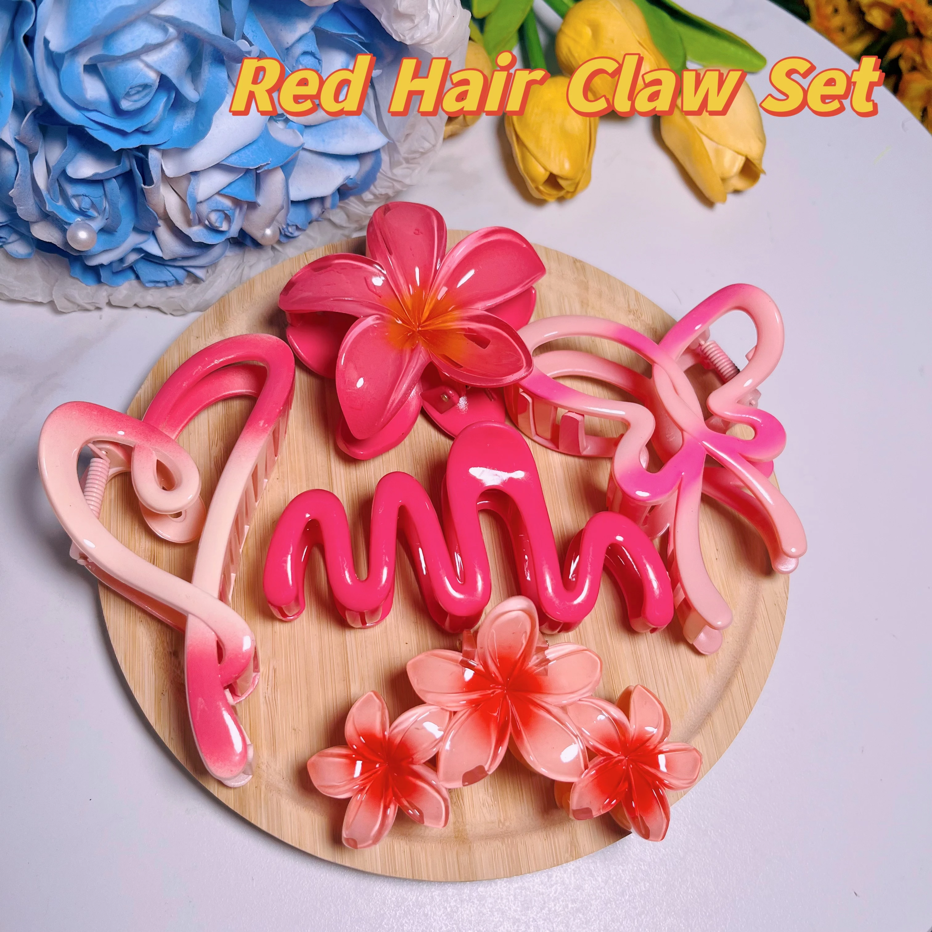 5 teile/satz süße rote Farbverlauf Blume Herz Schmetterling Welle Haar Klaue Frauen Sommer Mode große Haars pange Haarnadel Zubehör Image