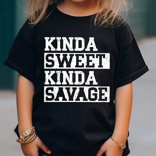 100% Baumwolle kinderkleidung Mädchen Schwarz Briefe T-Shirt Rundhalsausschnitt Kurzarm Outdoor Täglich Urlaub Klassisch Brautkleider schlicht Bedruckt Sommer Image