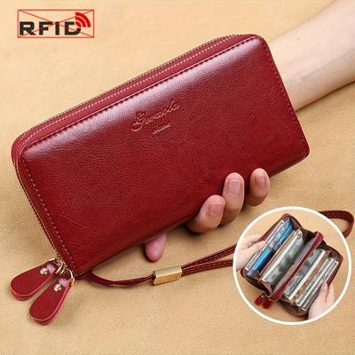 TEMU New Women's Long Wallet With Rfid Blocking, Double Zipper, Wrist Strap, Integrated Card Holder, Large Capacity, Black Leather Clutch. Image