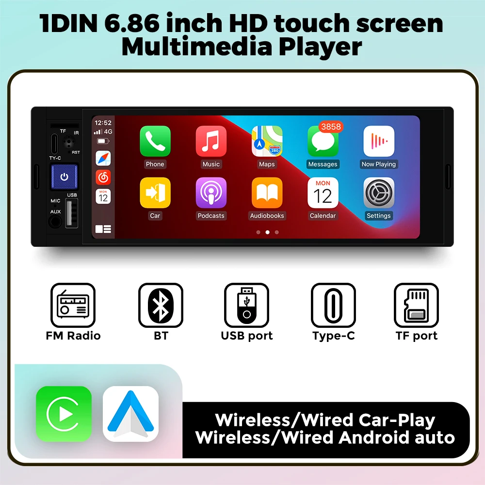 MEKEDE Autoradio 1 DIN 6,86 Zoll Touchscreen Android-System Auto Multimedia-Video-Player für universelle drahtlose CarPlay Auto BT Image
