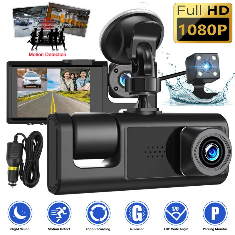 Caméra de tableau de bord pour voitures, caméra de recul dashcam voiture，camera de recul，camera voiture pour véhicule, enregistreur vidéo pour touristes, caméra Prada, 3 canaux, DVR 1080P, WIFI,