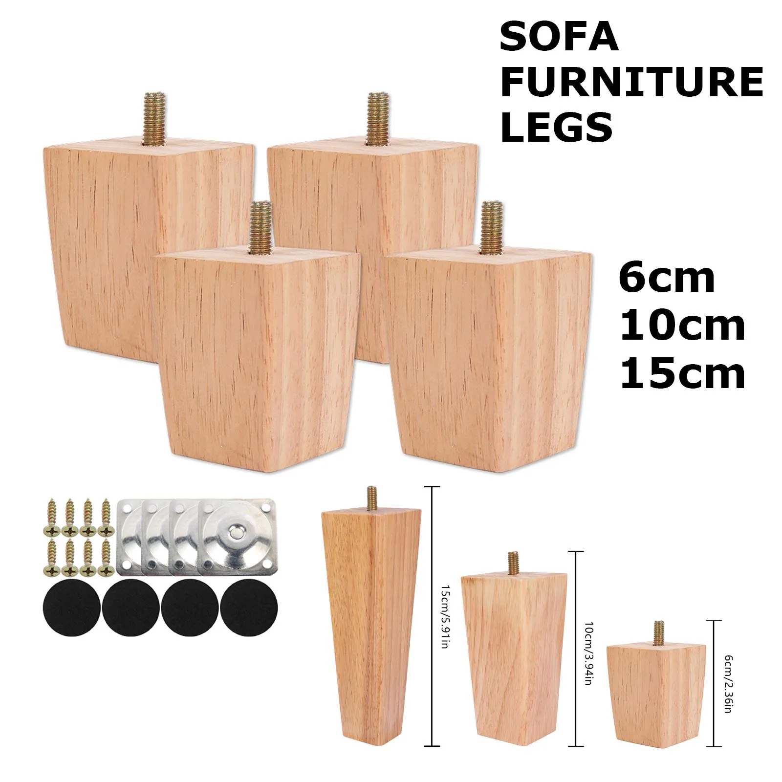 4 pezzi gambe per mobili quadrate 6/10/15 cm piedi per mobili in legno massello letto divano tavolo gambe sedia piedi di ricambio per divano armadio