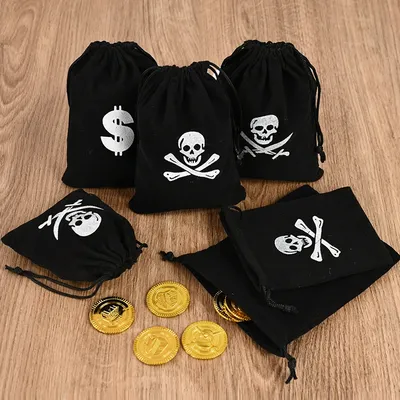 10Pcs Pirate Gift Bags Treasure Coin Pouch Kids Boy Halloween Birthday Party Decoration Supplies