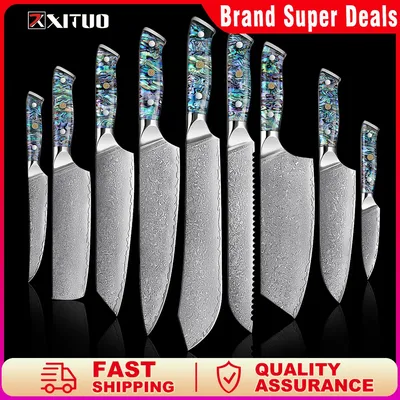 XITUO 67 Layer Damascus Steel Kitchen Knives Set Abalone Handle Sharp Santoku Bread Boning Knife