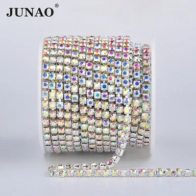 JUNAO SS6 SS10 SS16 SS18 Sewing Silver Glass Rhinestone Chain Trim AB Crystal Stones Applique Dense