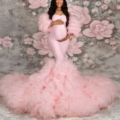 Stretch Pink Mermaid Maternity Dresses Photoshoot Puffy Sleeves baby shower платье для беременных فساتين حوامل vestidos para em