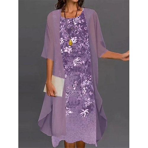 Damen Kleid-Set Freizeitkleid Druckkleid Mode Modern Blumen Druck Midikleid Dreiviertelarm Rundhalsausschnitt Outdoor Date Blau Purpur Grün Herbst Lässiger Schnitt Image