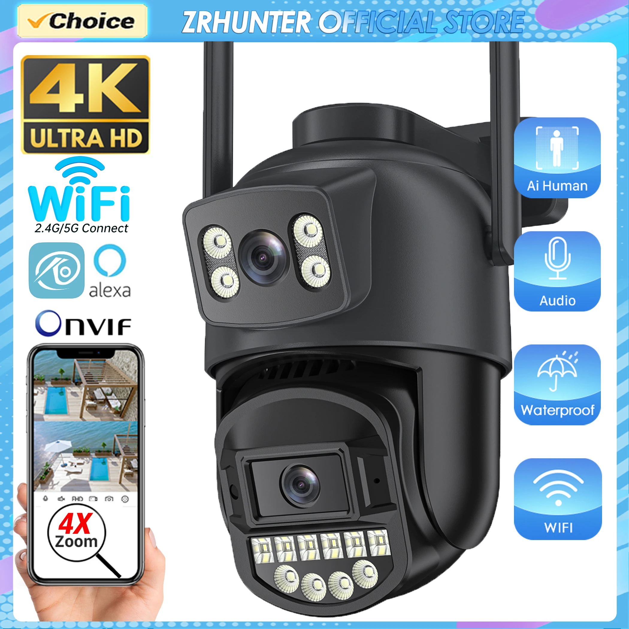 10MP PTZ IP Kamera 8MP 4K Outdoor Dual Objektiv Dual Screen 5G WIFI Kamera AI Tracking Sicherheit schutz CCTV Überwachungs Kamera Image