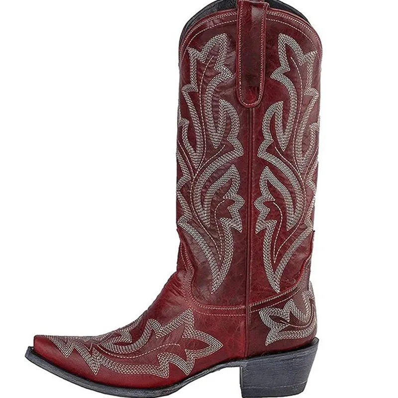 Damenstiefel, klassische bestickte Western-Cowboystiefel, Damen-Leder-Cowgirl-Stiefel, Schuhe mit niedrigem Absatz, kniehohe Damenstiefel