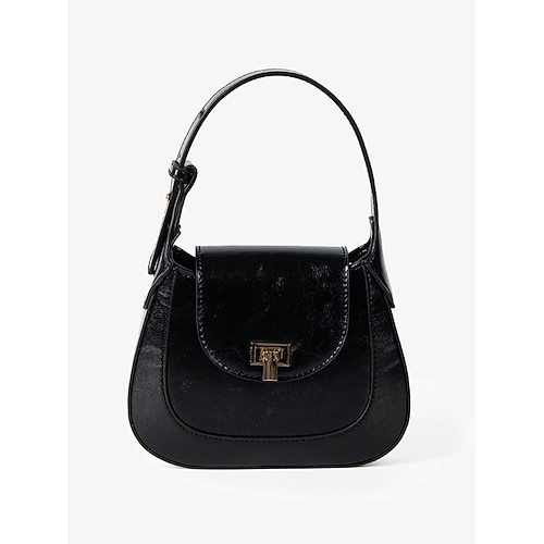 klassische schwarze Lederhandtasche für Damen – eleganter Klappverschluss mit goldfarbenen Beschlägen, perfekt für den geschäftlichen oder abendlichen Anlass