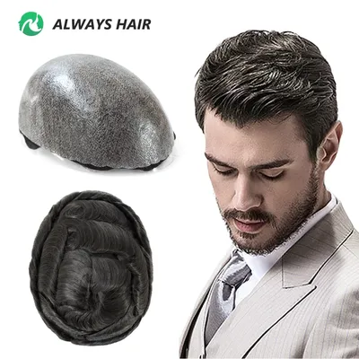 0.12-0.14mm PU Men Toupee Full Thickness Skin Indian Human Hair Men's Capillary Prothesis 130%