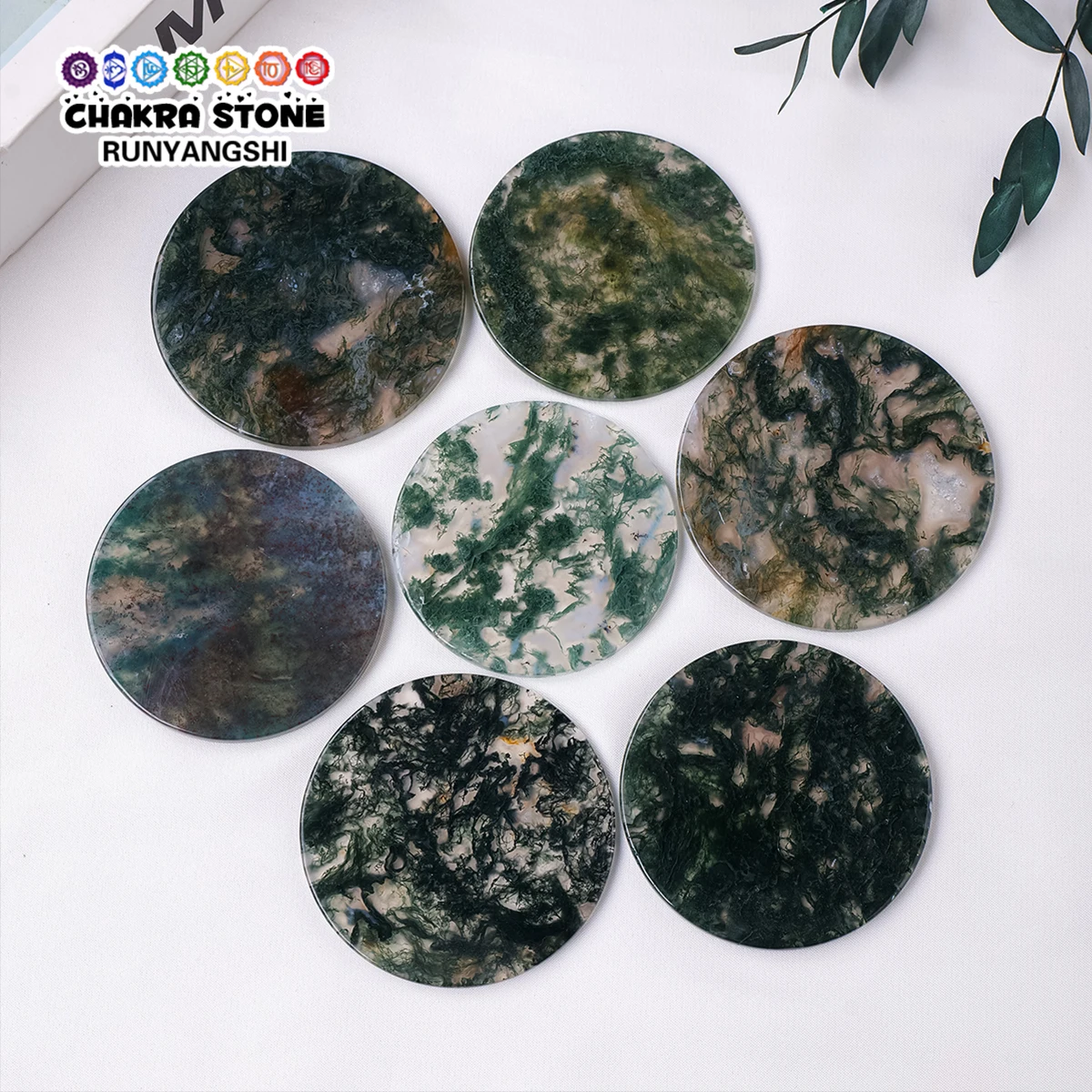 1PC Natural Crystal Moss Agate Round Slice Hand Crafted Coaster Household Supplies Household Kitchenware Home Healing Stone