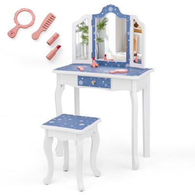 Costway Princess Pretend Play Makeup Table and Stool Set with Tri-folding Mirror-Blue