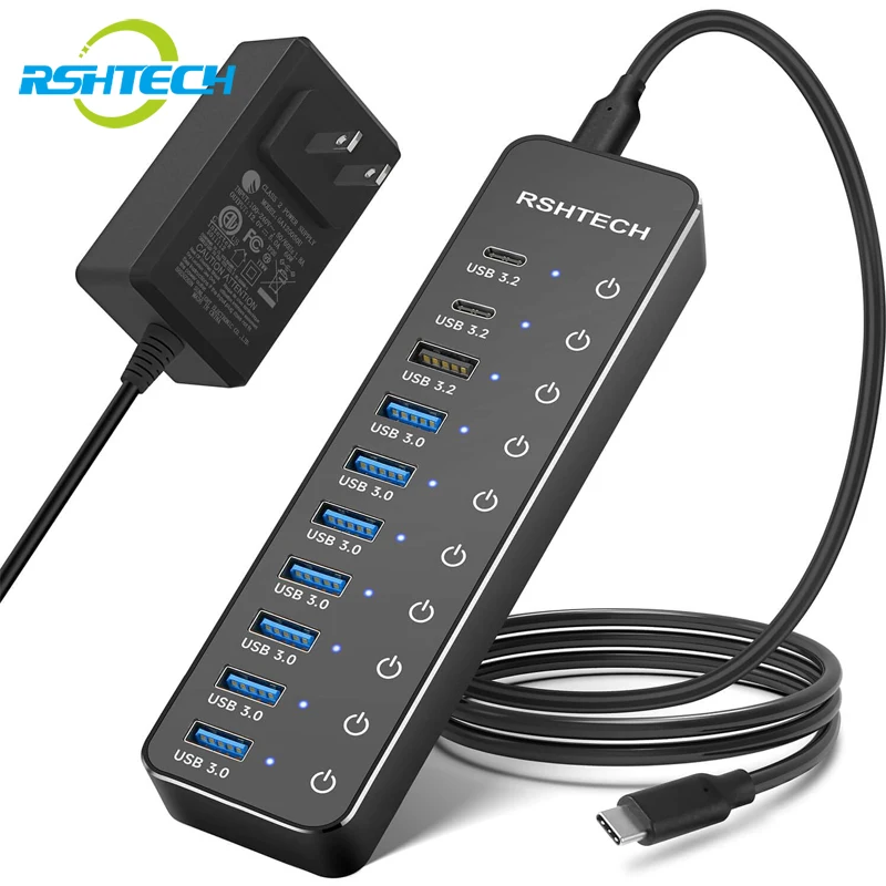 Rshtech USB Hub 10-Port USB C Hubs 60W mit 10 Gbit/s Daten übertragungs anschlüssen einzelne Touch-Switches Hybrid-Splitter für Laptop/PC Image