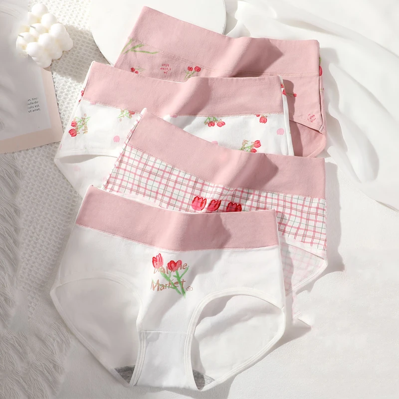 4Pcs Frauen Baumwolle Höschen Hohe Taille Unterwäsche Mode Druck Mädchen Briefs Dünne Unterhose Atmungsaktiv Sexy Damen Dessous M-2XL Image