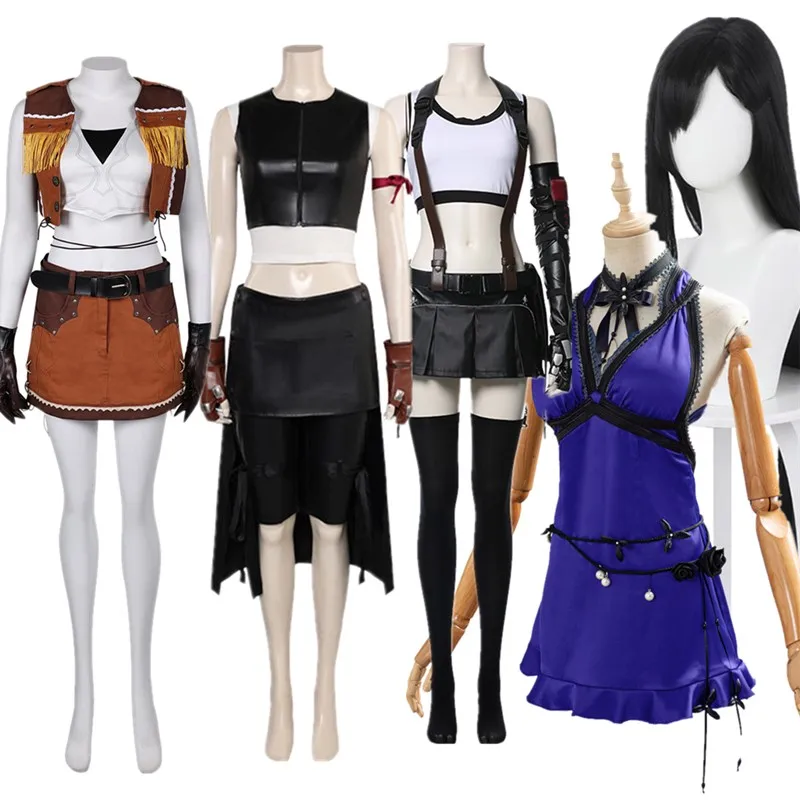 Erwachsene Fantasy Tifa Lockhart Cosplay Kostüm Weste Hosen Perücken Ohrringe Handschuhe Outfits Halloween Karneval Party Verkleidung Anzug Image