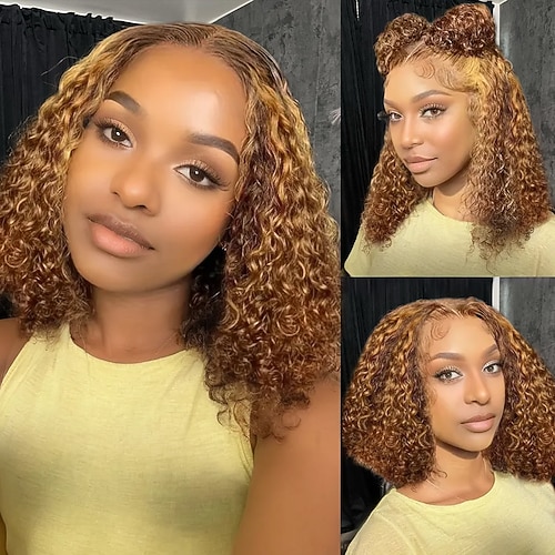 Unverarbeitetes reines Haar 13x4 Spitzenfront Perücke Kurzer Bob Brasilianisches Haar Tief geschweift Afro verworrenes lockiges Orange Burgund Mehrfarbig Perücke 130% 150% 180% Haardichte mit