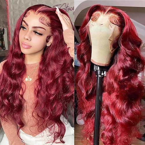 Remy Menschenhaar 13x4 Spitzenfront Perücke Freier Teil Vietnamesisches Haar Große Wellen Natürlich gerade Burgund Perücke 150% Haardichte mit Babyhaar Leimlos Vorgerupft Für Perücken für schwarze Image