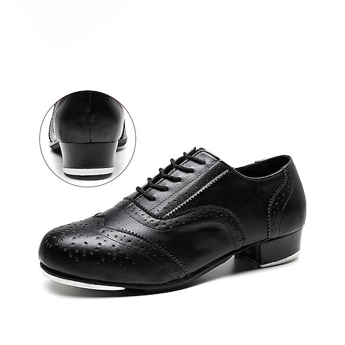 Schwarz-weiße Oxford-Steppschuhe für Herren – klassische Schnürschuhe aus Kunstleder mit Metallplatten für professionelle Auftritte Image