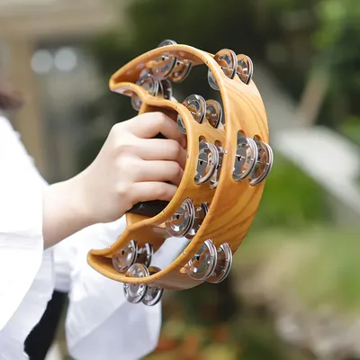 Coffee Color Wood Grain Double-layer Tambourine Half Moon Shaped Hand Bell for Performance Party