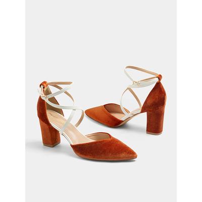 Chic Two-Tone Women's Ankle Strap Heels - Elegant Suede Finish in Burnt Orange and Cream, Perfect for Office Wear and Evening Outfits