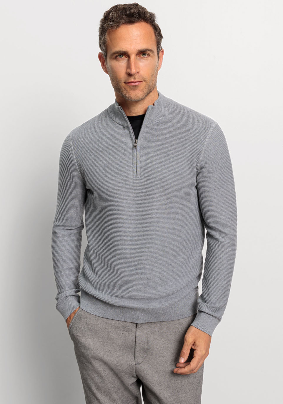Troyer OLYMP "OLYMP Strick Casual", Herren, Gr. M, grau, Strick, Obermaterial: 100% Baumwolle, regular fit, Rippbündchen, Pullover Troyer, mit modischer Struktur