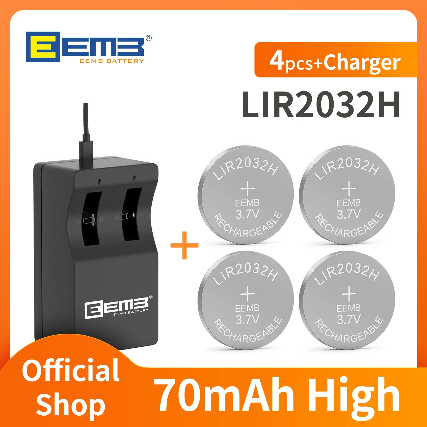EEMB hohe Kapazität lir2032 Akku 70 mAh mit Ladegerät lir2032H 3,7 V Lithium-Zellen-Münzbatterien wiederaufladbar Image