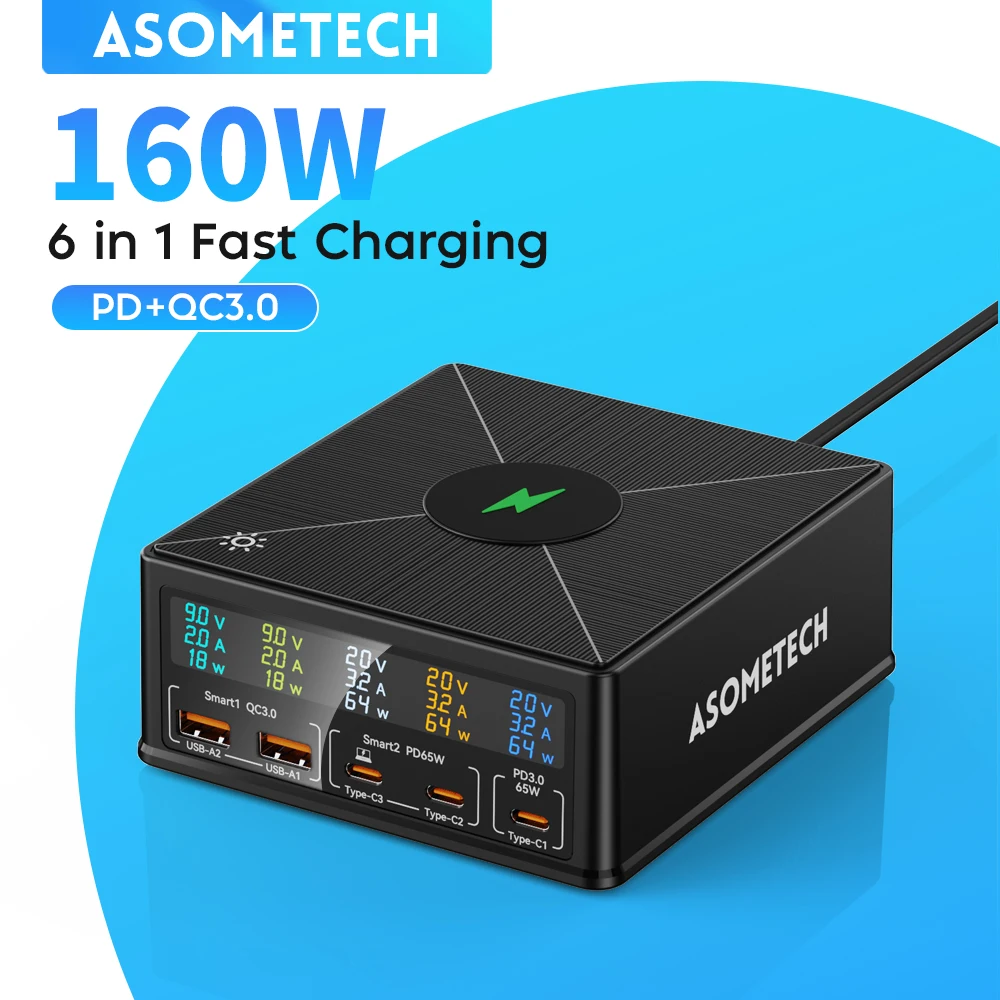Caricatore USB da 160 W 5 porte Staion 15 W Ricarica wireless PD 65 W QC3.0 Tipo C Caricatore rapido per iPhone 15 Pro MacBook Samsung Laptop