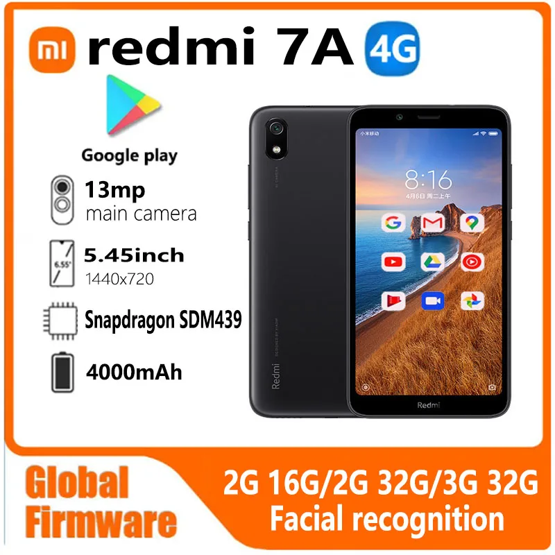 Xiaomi-Smartphone Redmi 7A, micrologiciel global, 4G, 5.45 pouces, 1440 × 720, 13MP, Qualcomm Snapdragon 439, reconnaissance qualifiée ale, téléphone d'occasion