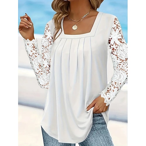 Damen Weiß Elegante Spitze Tops Augenschlitze Bluse Legere Unifarbe Spitze Langarm Reguläre Tops Quadrat-Ausschnitt Alltag Romantische Petite Tops Sommer Urlaubsbekleidung Weiß Rosa Blau Frühling Image