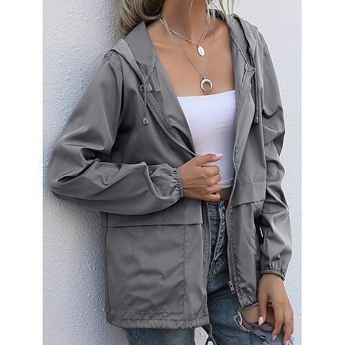 Damen Mantel Athleisure Alltagskleidung Frühling Herbst Regulär Mantel Stehkragen Normale Passform Wasserdicht Stilvoll Lässig Jacken Langarm Einfarbig Kordelzug Schwarz Wein Dunkelmarine