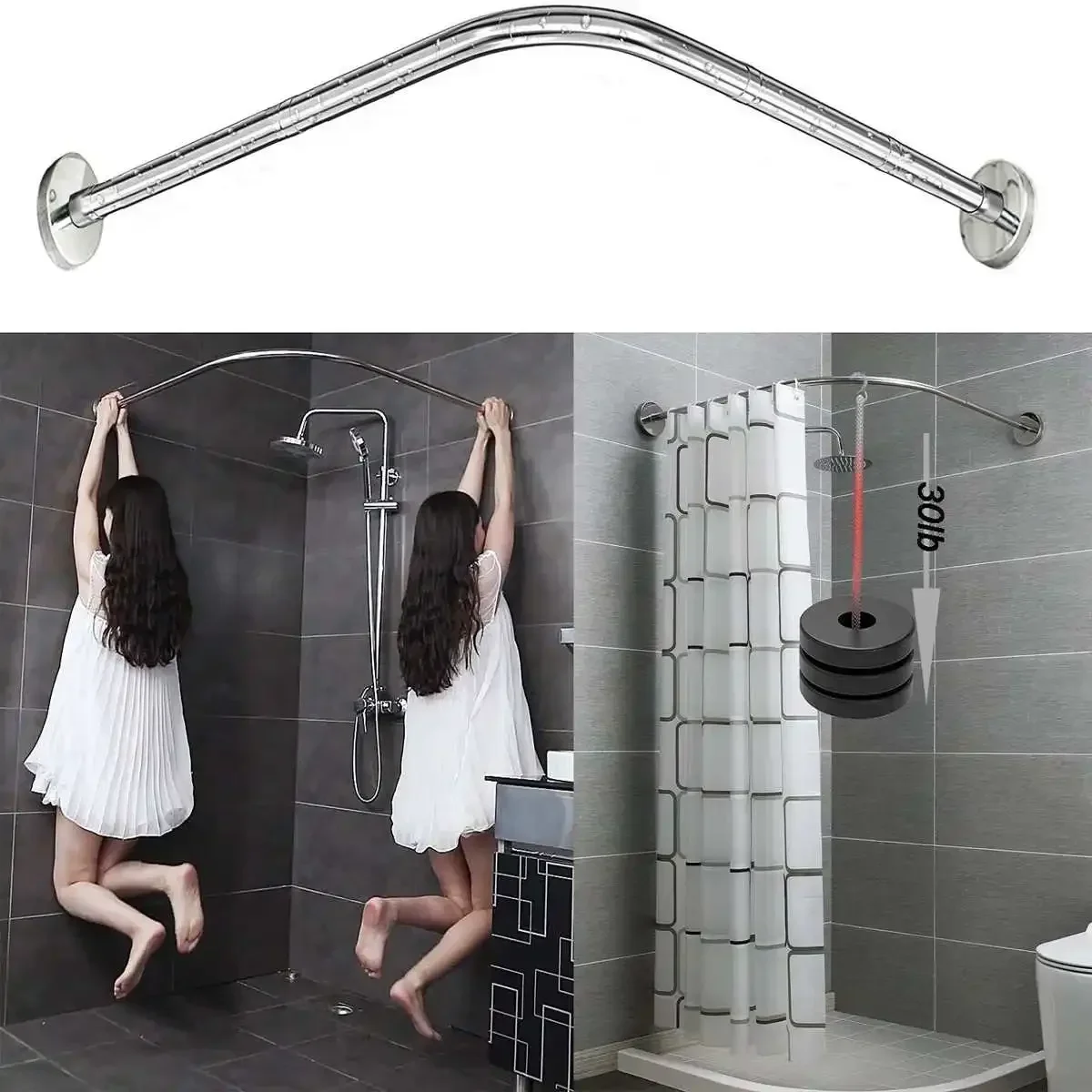 Rideau de douche d'angle extensible en acier inoxydable, Rail de poteau argenté, Quincaillerie de porte de bain de bar, Chargé avec vis, Le plus récent