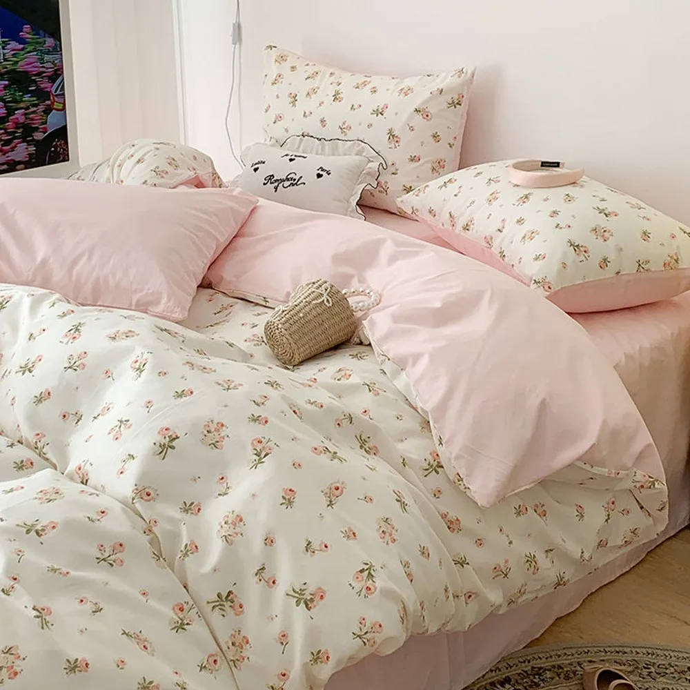 Parure de lit à fleurs roses, ensemble de literie doux, simple, Double, Queen Size, housse de couette, drap plat, taie d