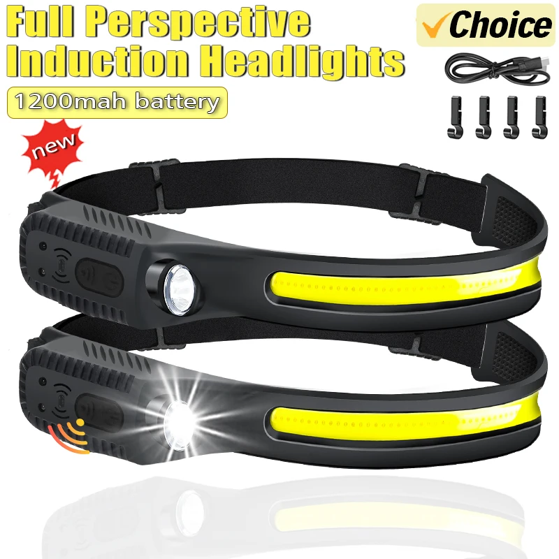 Induktionsscheinwerfer, COB-LED-Sensor, Stirnlampe, eingebauter Akku, Taschenlampe, wiederaufladbar über USB, Stirnlampe, 5 Beleuchtungsmodi, Scheinwerfer Image