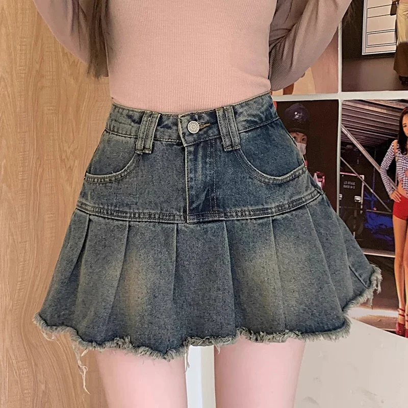 Sommer Frauen Y2k Hohe Taille Mini Röcke Mädchen Koreanische EINE Linie Denim Plissee Kleid Weibliche Mode Punk Blau Harajuku Jeans Röcke