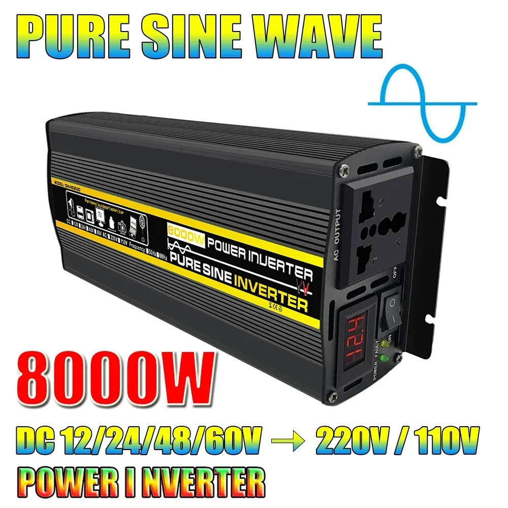 Onduleur à onde sinusoïdale Pure 12V/24V/48V/60V à AC 110V 220V 8000/6000/4000/3000W, transformateur de tension, convertisseur de puissance, onduleur solaire