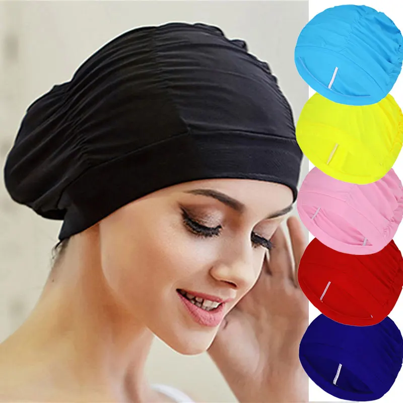 Bademütze für Damen, Unisex, Mädchen, langes Haar, Badekappe, Badekappe, Stretch, drapiert, freie Größe, Schwimmbad, Sport, elastischer Nylon-Turban Image
