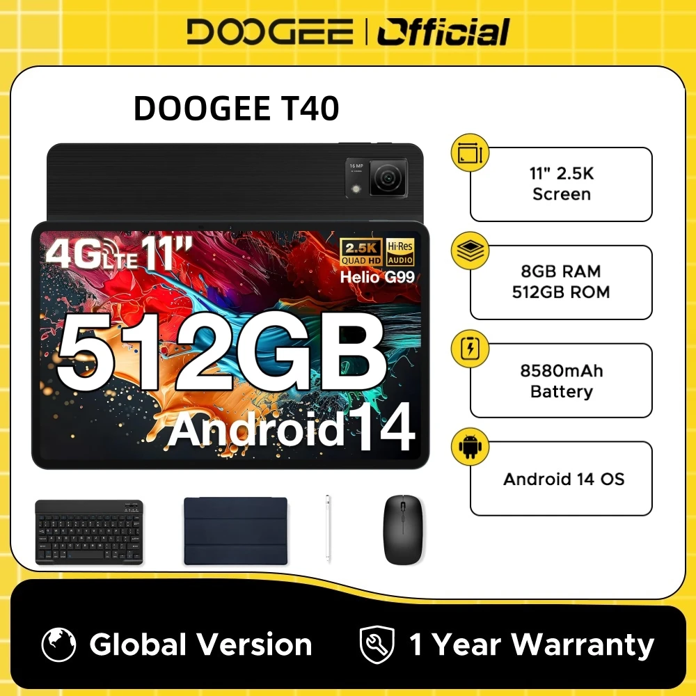 DOOGEE-Tablette PC Portable 2 en 1 T40, Version Globale, Écran IPS de 11 Pouces, 2.5K, 8 Go de RAM, 512 Go de ROM, Helio G99, 6nm, 8580mAh, Haut-Parleur, Déverrouillage par Reconnaissance Faciale,