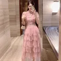 Robes de soirée décontractées pour femmes, haut de gamme, rose perlé, dentelle, doux français, col rond, manches courtes, maille, volants en cascade, gâteau, été
