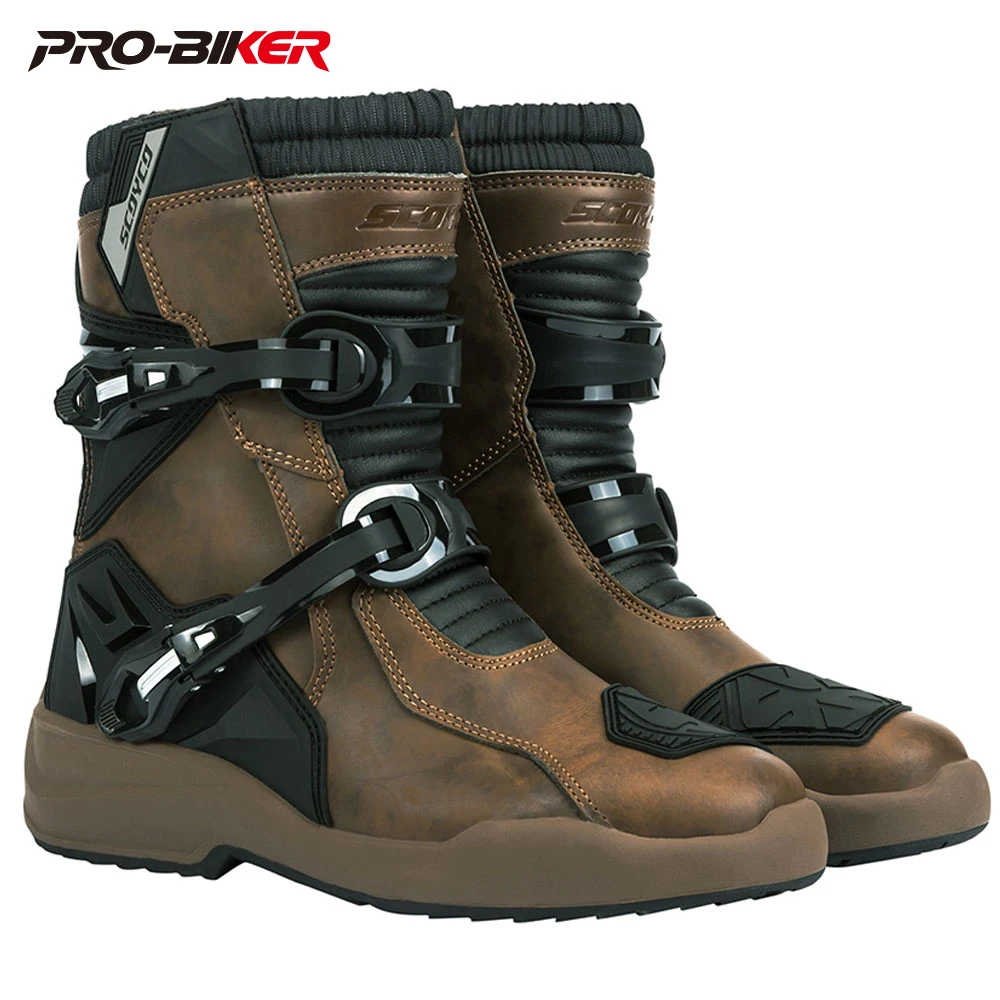 SCOYCO peau de vache bottes de Motocross bottes de Moto imperméables hommes équitation course Moto chaussures portable Botas Moto chaussures de Moto