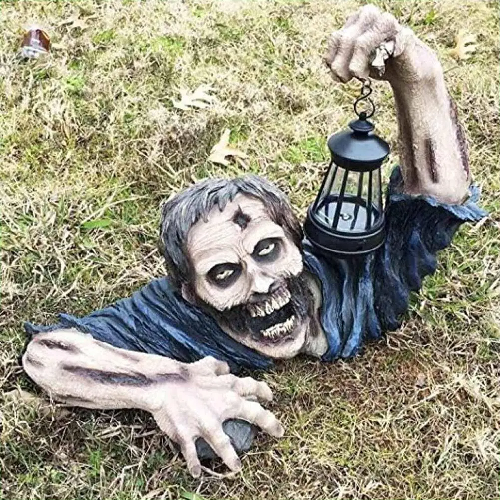 Statue de jardin zombie avec lanterne LED, nains de jardin en résine, film d'horreur intensifié, jardin extérieur, pelouse de cour
