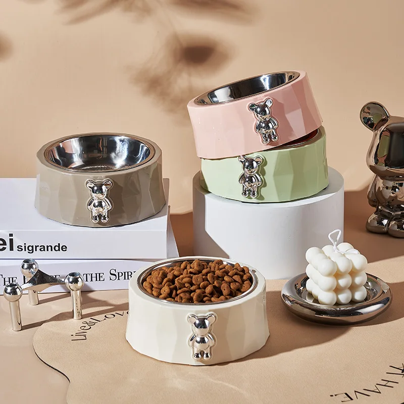 Fournitures pour animaux de compagnie bol en acier inoxydable pour animaux de compagnie bol pour animaux de compagnie ours en diamant bol de nourriture pour chat ustensiles de nourriture pour chien